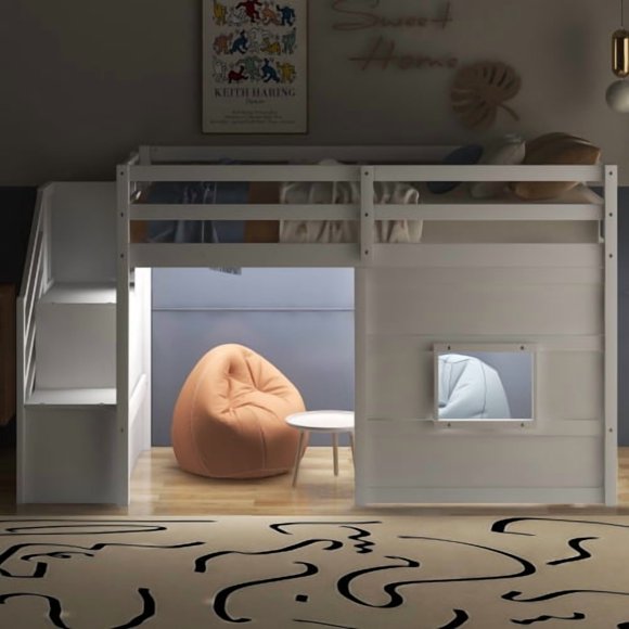 taoruifang Lit Mezzanine Format Simple avec 2 Escaliers de Rangement en Dessous et Fenêtre, avec Lumière DEL, Blanc