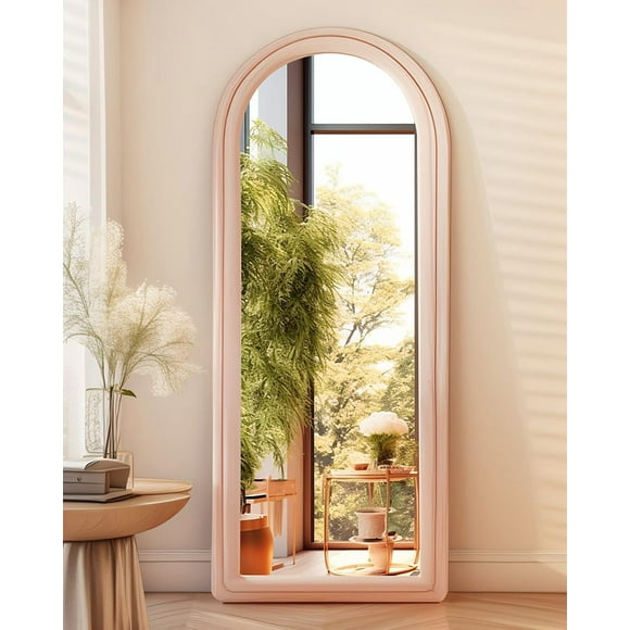 Floor Mirror, 63"x24" Arched Full Length Mirror,Full Body Mirror, Large Mirror, Wall Mirror, Freestanding, Wall Mounted, Flannel Frame, Pink