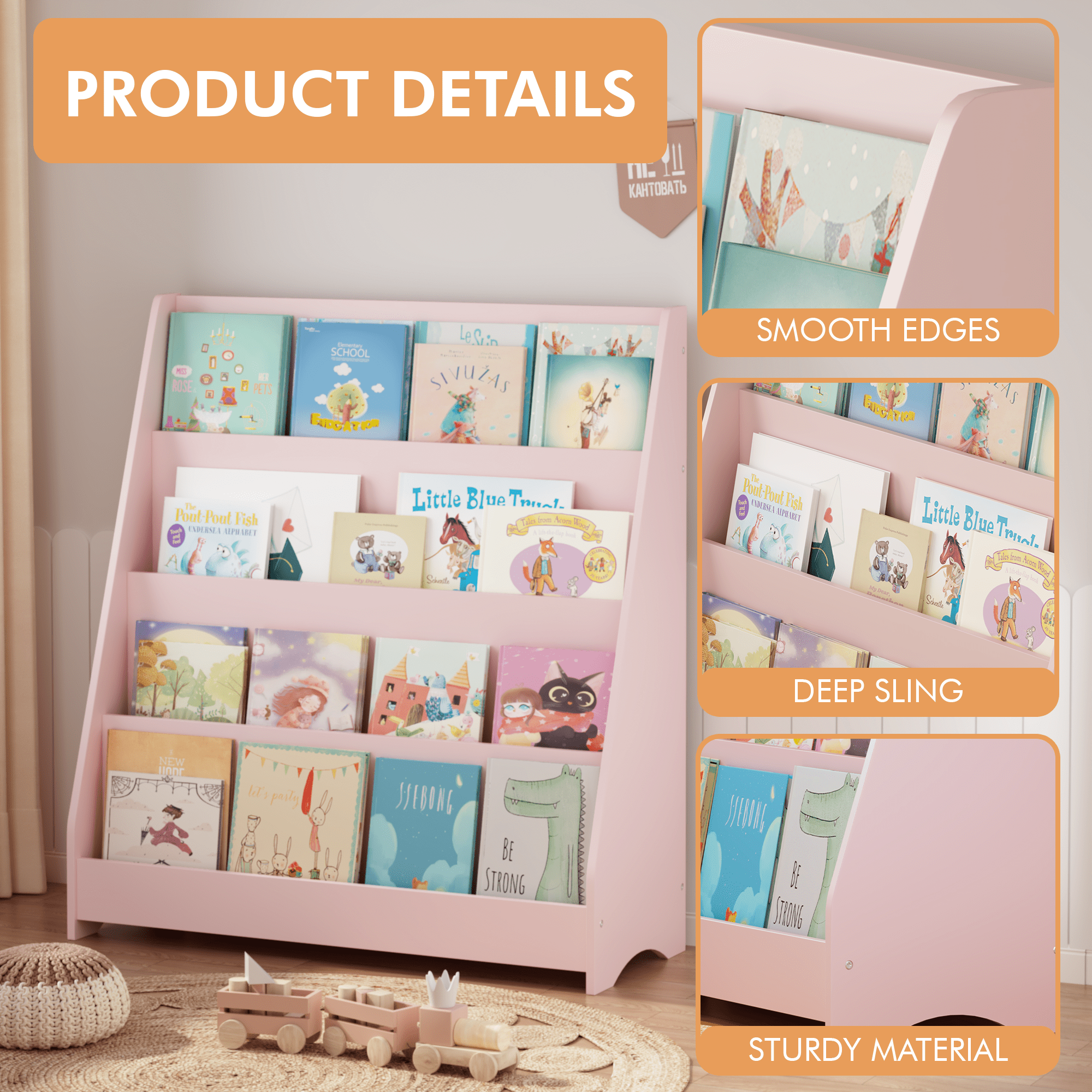 4-Tier Kids Bookshelf, Toddler Book Display Shelves, Helps Keep Bedrooms, Playrooms, and Classrooms Organized, MDF, Pink