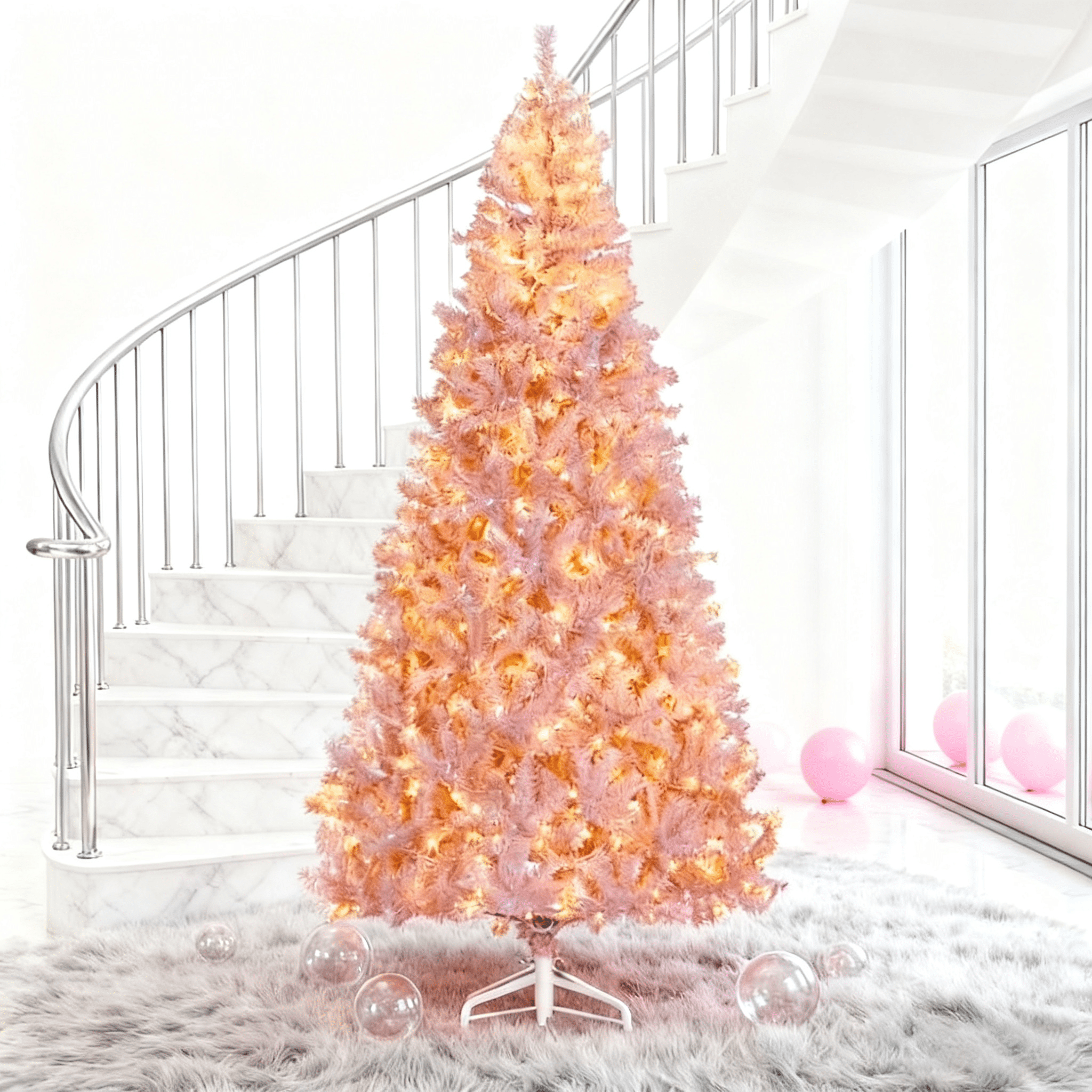 7.5ft Prelit Pink Christmas Tree 1346 Tips 500 Warm White LED Lights Metal Stand Indoor Decor