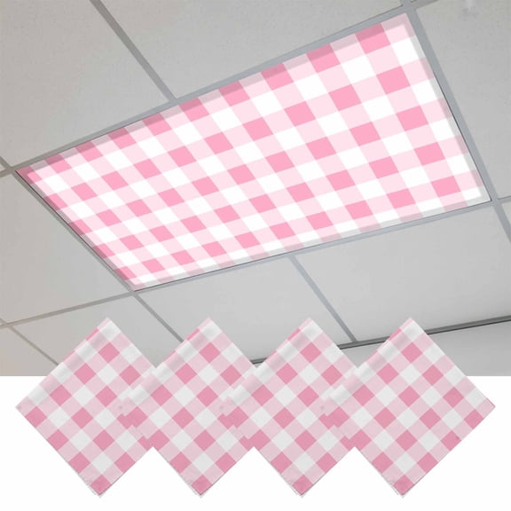Pink Checkered Fluorescent Light Covers, Pink White Buffalo Plaid Magnetic Light Covers for Ceiling Lights, Fluorescent Ceiling Shade Filters for Classroom Bedroom Office 4x2Ft x 4PCS