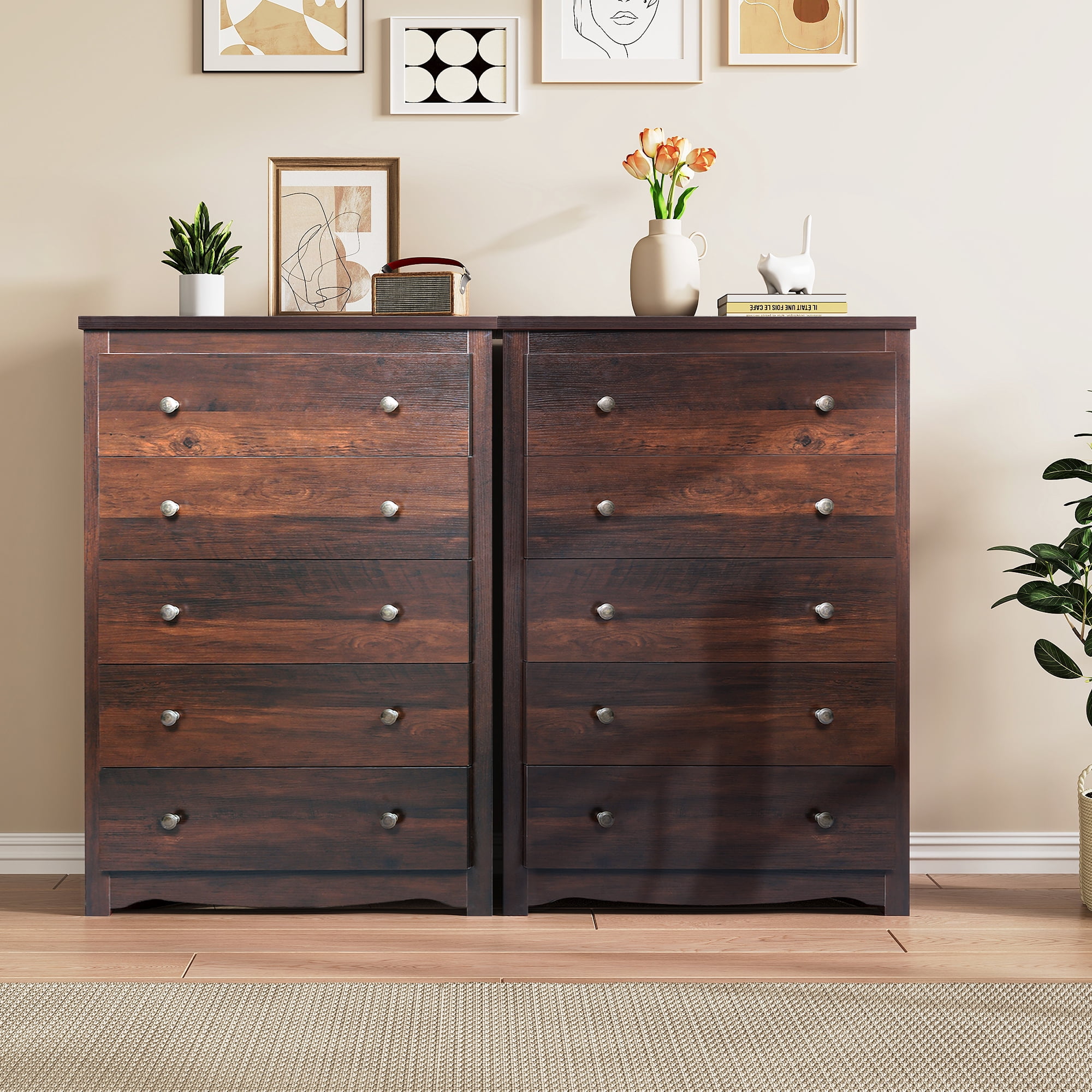GALAXHERO 5 Drawer Dresser for Bedroom, Retro Wood Chest of Drawers, Tall Dresser with Round Metal Handle for Living Room, Hallway, Closet, Rustic Brown