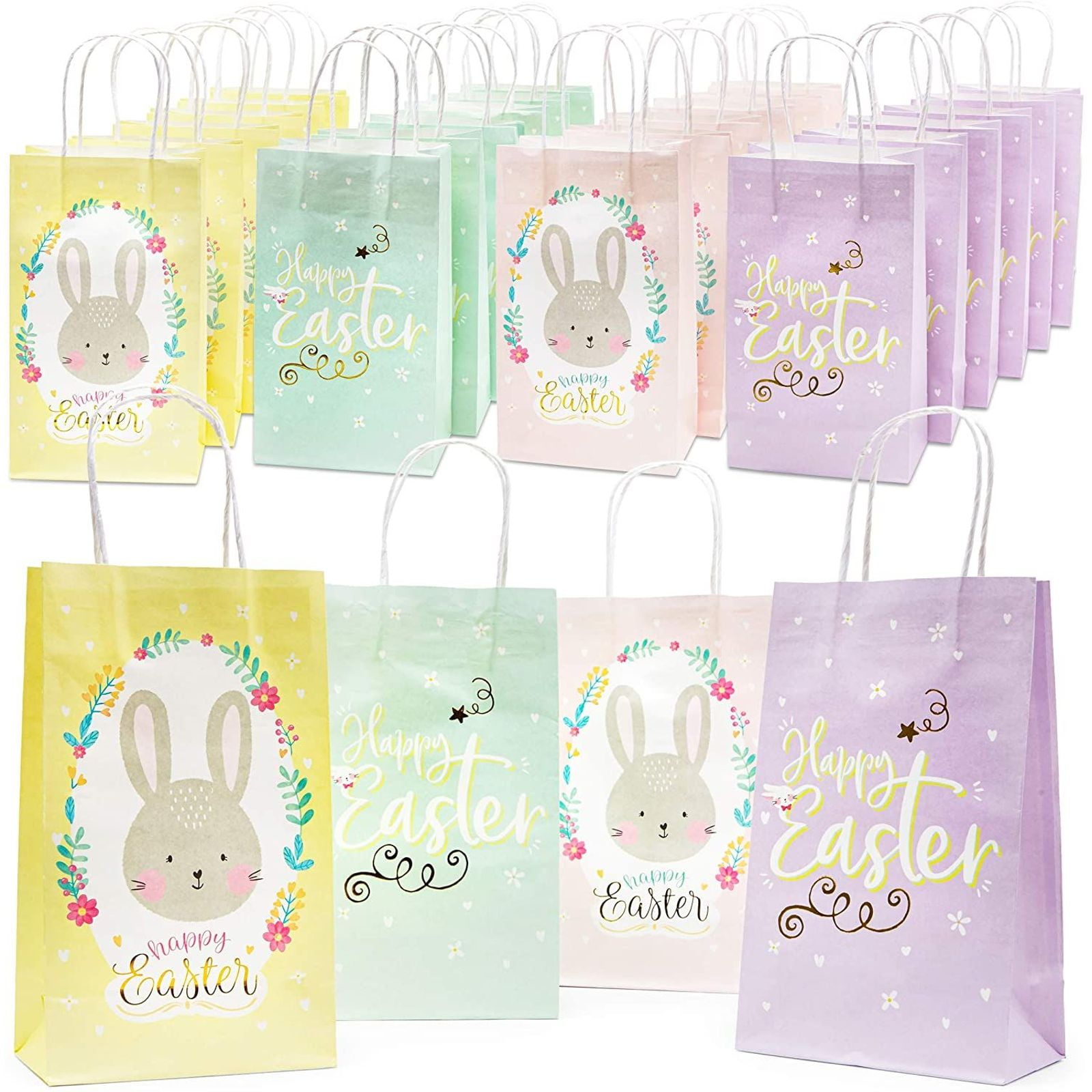 24-Pack 9-Inch Easter Gift Bags with Creative DIY Easter Stickers Blue Easter Treat Bags Paper Wrapped Goodie Bags for Easter Basket Stuffers 4-Sheets