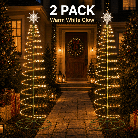 PEUHOP 2 Pack 4 ft Solar Spiral Christmas Tree Pathway Lights, Warm White LED with Star Topper, 8 Modes, Foldable for Lawn, Yard and Garden