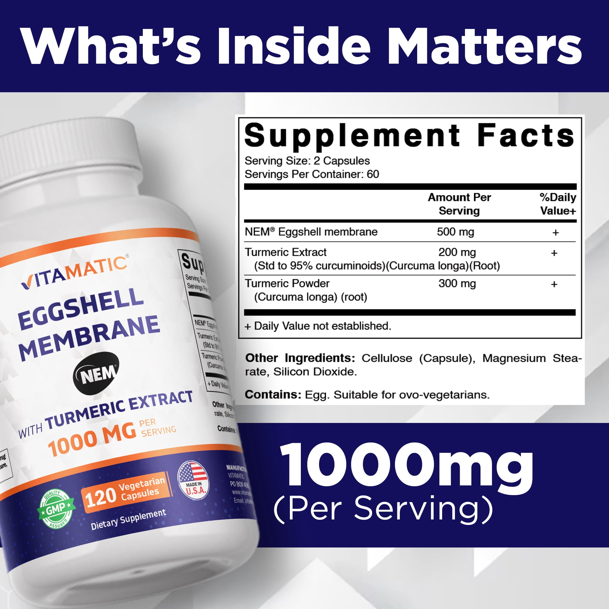 Vitamatic Eggshell Membrane (NEM) with Turmeric Extract | 1000 mg Per Serving | 120 Vegetarian Capsules | Non-GMO | Made in USA