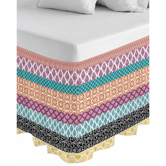 Boho Wrap Around Bed Skirts for Queen Bed 18" Drop,Bed Skirt with Adjustable Elastic Belt Dust Ruffle Bed Valance for Bedroom Colorful Striped Ethnic Geometric Modern Abstract Art Bed Frame Cover