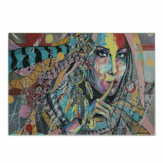 Modern Art Cutting Board, Girl Dreamcatcher and Ethnic Murky Colorful Paint, Decorative Tempered Glass Cutting and Serving Board, Small Size, Multicolor, by Ambesonne