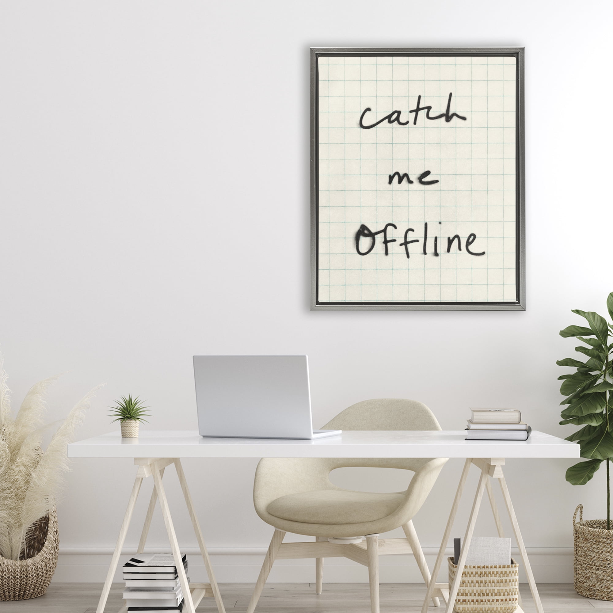 Stupell Industries Catch Me Offline Scrawl Gray Framed Floater Canvas Wall Art, design by Victoria Barnes
