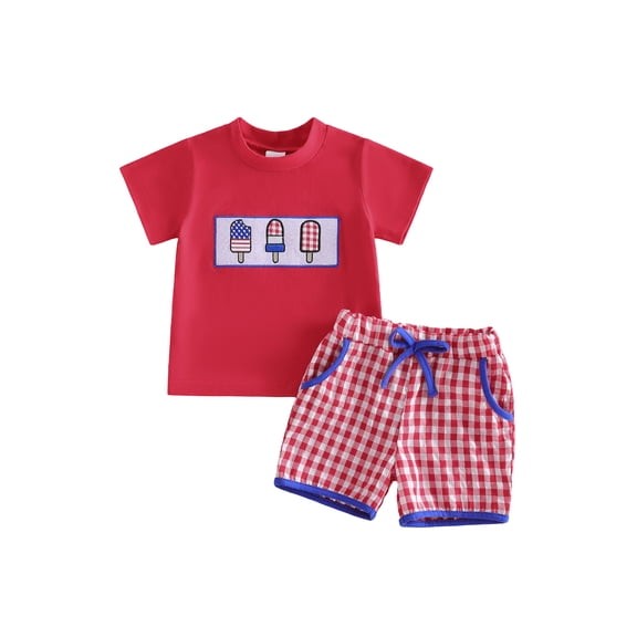 BemeyourBBs Toddler Baby Boys Girls 4th of July Outfit Patriotic Independence Day Baby Summer Clothes Ice Cream Embroidery Crew Neck T-Shirts and Elastic Waist Plaid Shorts Set 2pcs
