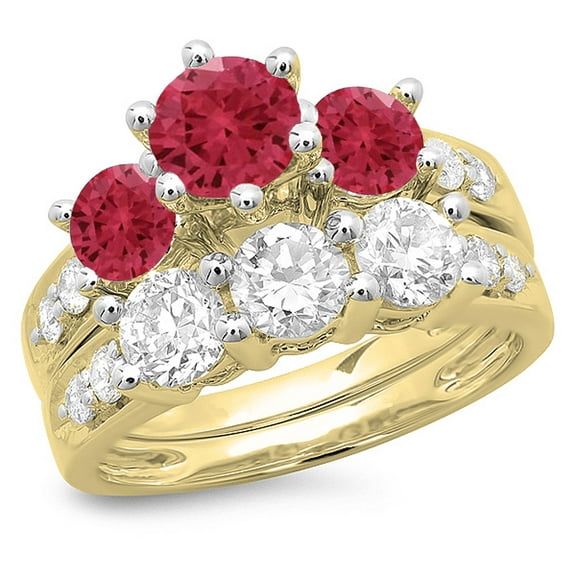 Dazzlingrock Collection 14K Ruby & White Diamond Bridal 3 Stone Engagement Ring Band Set, Yellow Gold, Size 9