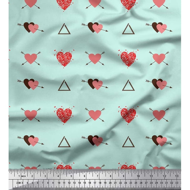 Soimoi Green Modal Satin Fabric Triangle & Arrow Heart Printed Fabric 1 Yard 42 Inch Wide