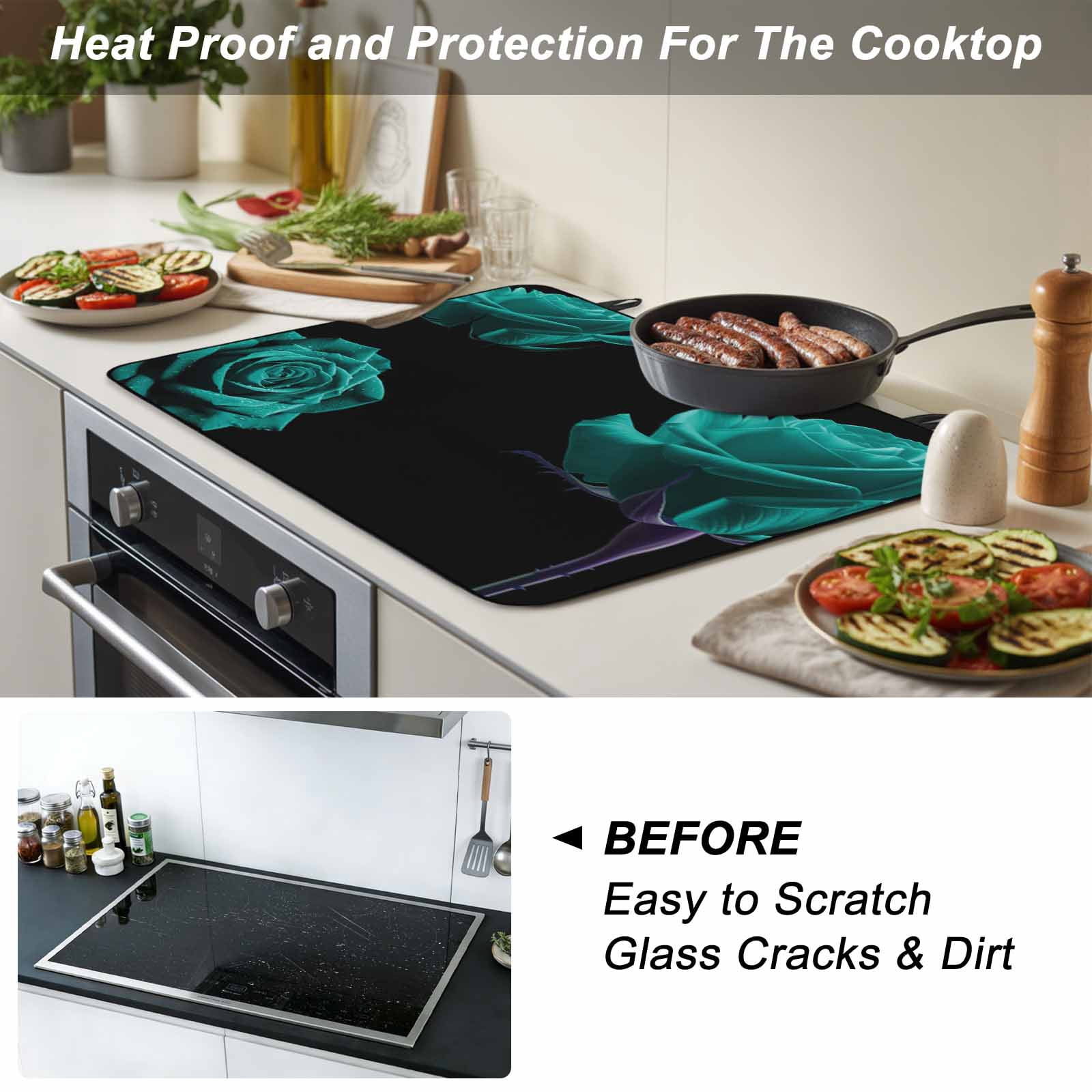 Teal Blue Rose Stove Top Cover for Electric Stove, Heat-proof & Non Slip Glass Top Stove Cover Protector, Vintage Abstract Garden Flower Floral Black Kitchen Flat Cooktop Rubber Mat 31x24 Inches