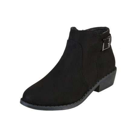 

Fesfesfes Faux-Leather Boots for Women Heel Low Heel Round-Toe Boots Metal Synthetic Belt Buckle Side Zipper Short Boots 7(40)