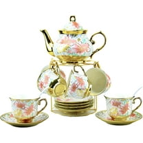 20 Pieces Porcelain Tea Set With Metal Holder, European Ceramic tea set for adults,Flower Tea Set,Tea Set For Women With Flower Painting