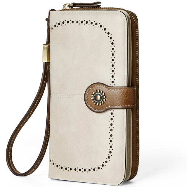 Cartera TFKGS de piel con bloqueo RFID de gran capacidad para mujer, color beige