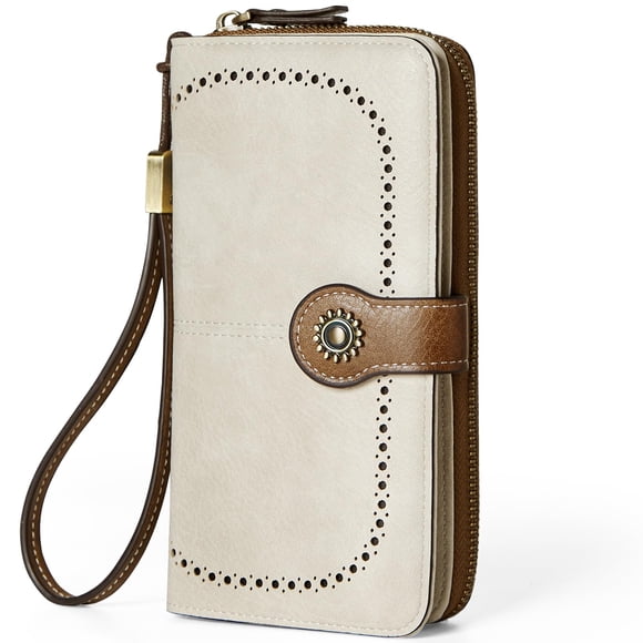 Cartera TFKGS de piel con bloqueo RFID de gran capacidad para mujer, color beige