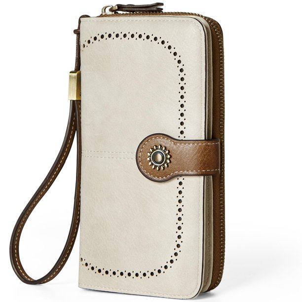 Cartera TFKGS de piel con bloqueo RFID de gran capacidad para mujer, color beige