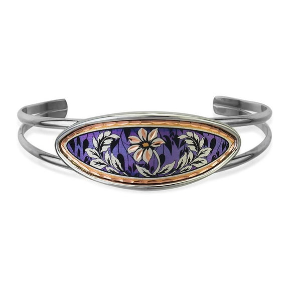 FRONT LINE JEWELRY Women's Silver Bangles Cuff Bracelets with Copper Medallions: Butterflies/Horses/Flowers/Daisy Silver Bangles (LightPurple)
