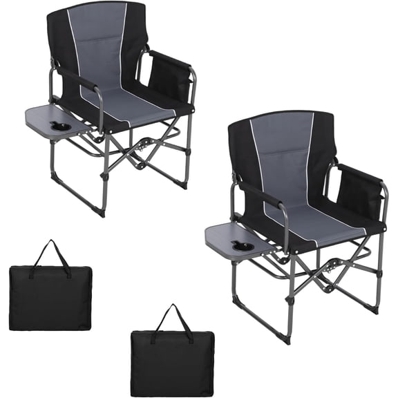 COZONY 2PCS Folding Camping Director Chair for Adults, Heavy Duty Portable Lawn Chair w/ Side Table & Storage Pocket,Black