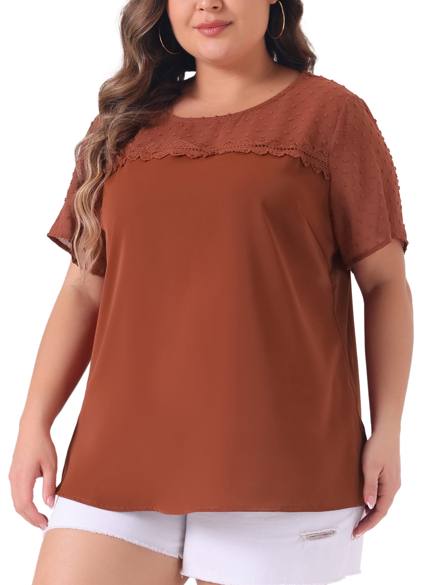 Unique Bargains Women's Plus Size Short Sleeves Polka Dots Lace Panel Top 2X Caramel