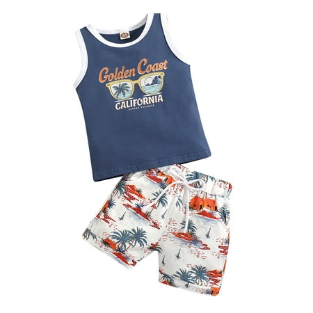 

Franhais Toddler Kids Boys 2 Pieces Outfits Sleeveless Tree House/Glasses Letter Print Tank Tops + Shorts Summer Beach Style Set