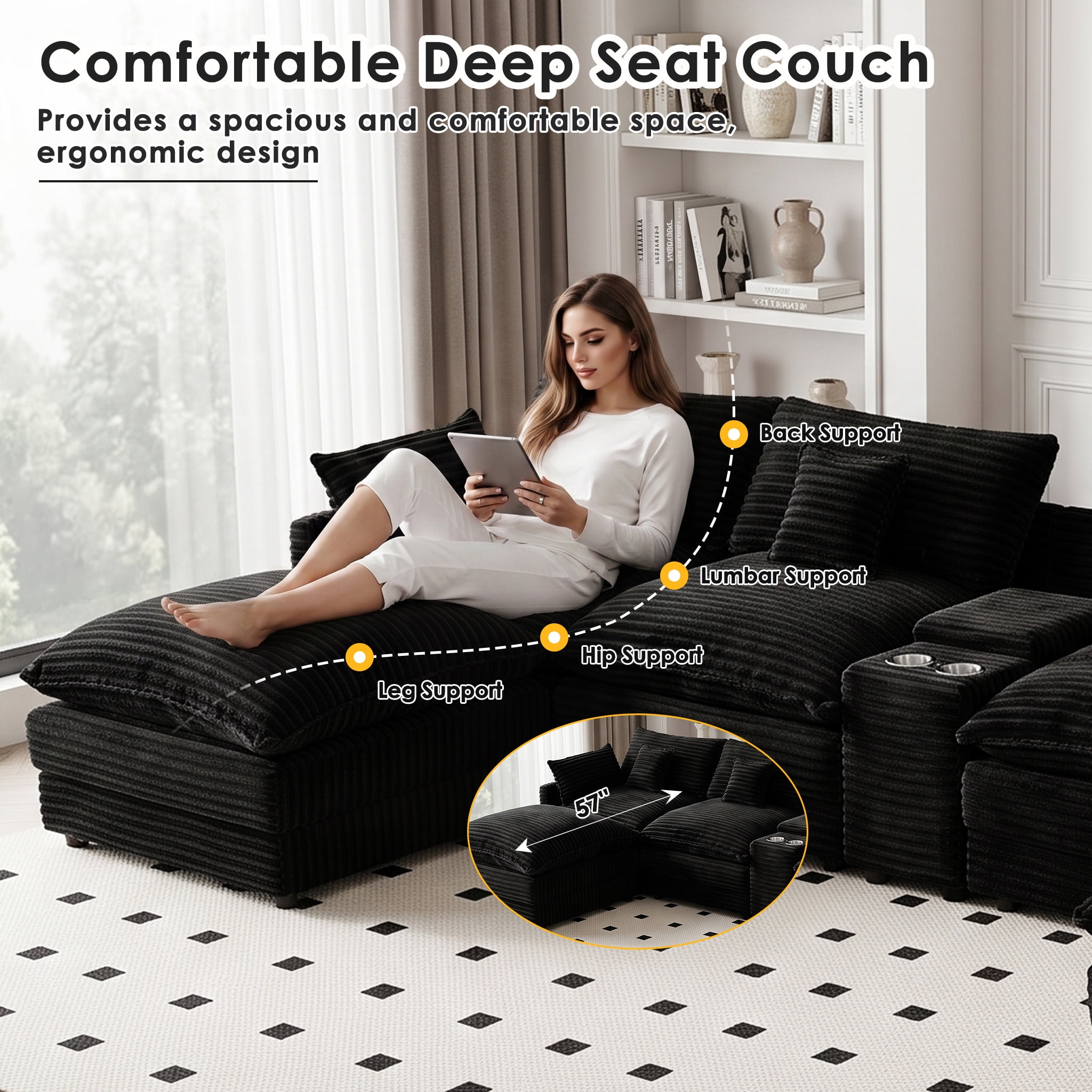 Wakefit 145" U Shaped Sectional Couch, Oversized Modular Sectional Sofa, 5 Seater Corduroy Cloud Couch with Hidden Storage, USB Ports & Cup Holders for Living Room, Black
