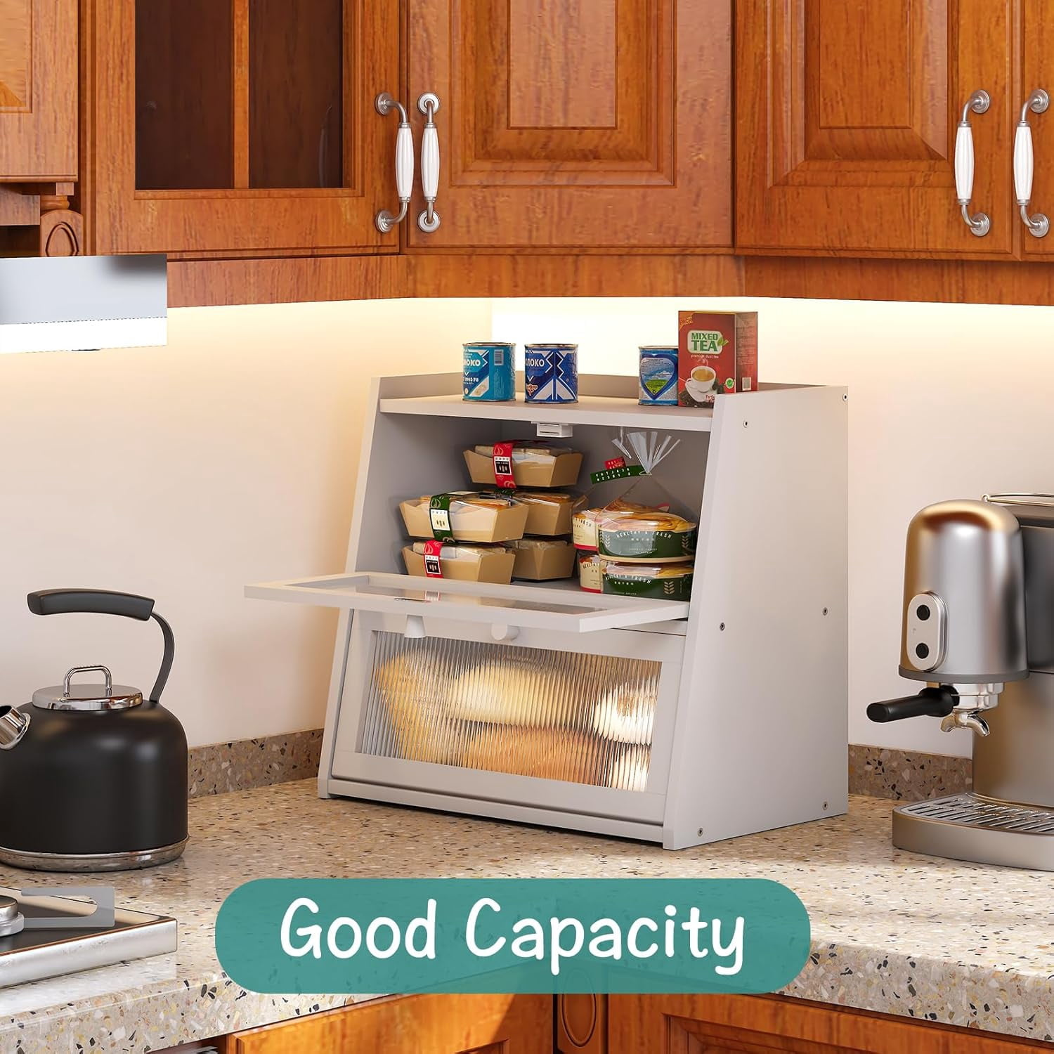 White Bread Box for Kitchen Counter, Large Bread Box With Cutting Board, Bamboo Wood Large Capacity Bread Storage Bin with Acrylic Wavy Door Panel