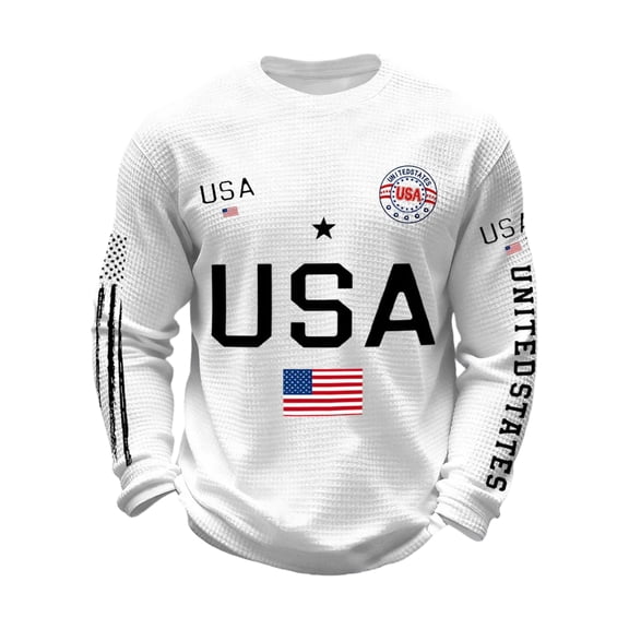 4th of July Shirts Men Plus Size Long Sleeve Tshirts Casual Waffle American Flag Print Tops USA 250th Anniversary Celebration Party Pullover Independence Day Patriotic Crew Neck Tees White M