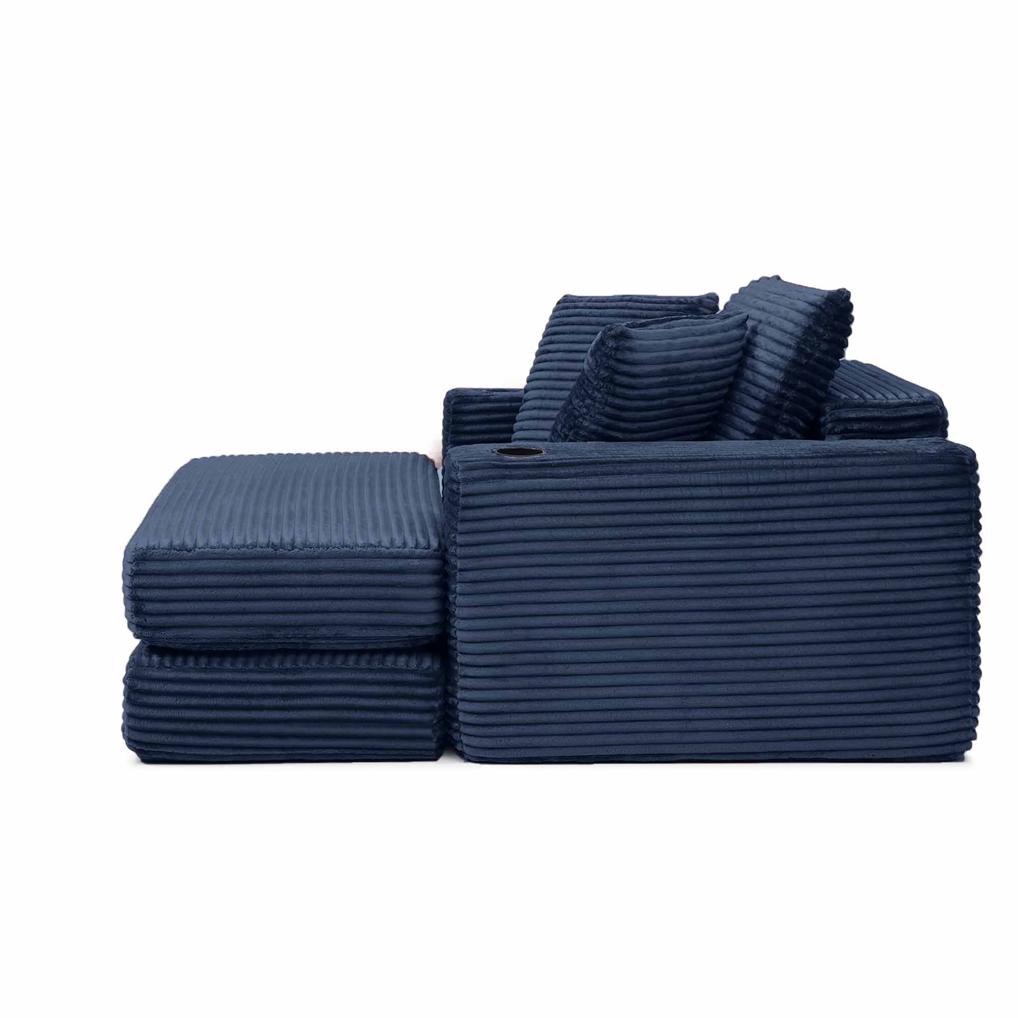 Lunale Boneless Chaise Lounge Chair with Ottoman, 52" Oversized 3-in-1 Convertible Sofa Chair for Living Room, Blue Corduroy