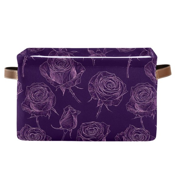 Storage Bins with Handle Fabric Organizer Basket Foldable Box 1 Pack Purple Rose Line Art 14.2x10.2x8.3