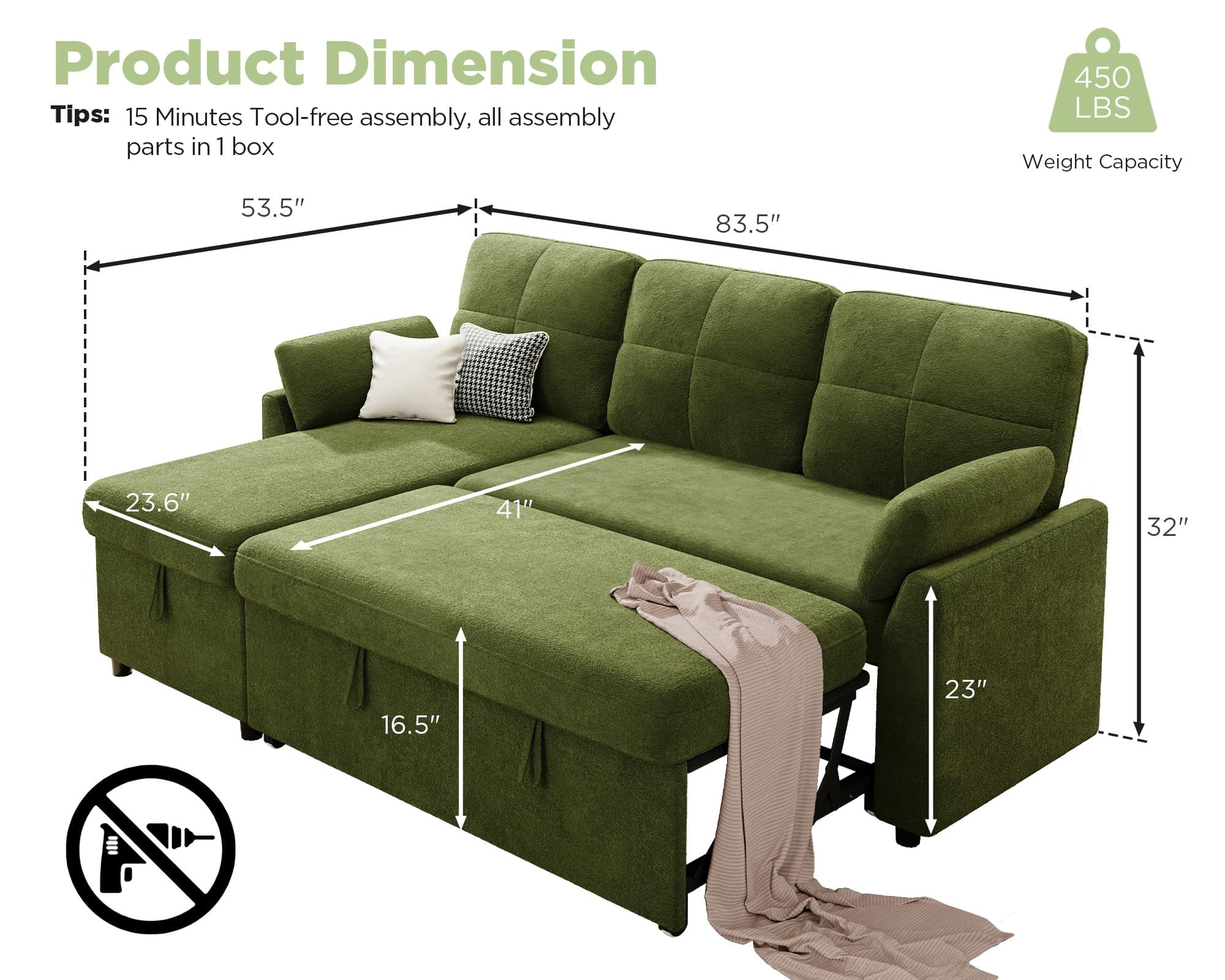 Merluxy 83.5'' Sectiona Sofa Bed with Storage - Green Sleeper Couch for Living Room, Linen