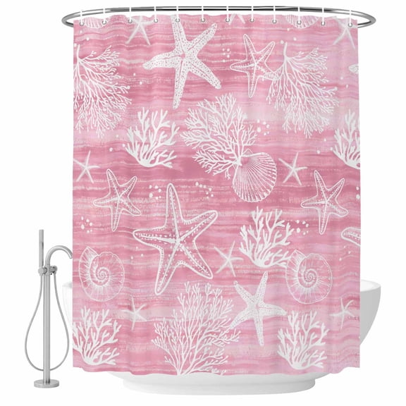 Pink Coastal Fabric Shower Curtain Summer Beach Starfish Ocean Coral Washable Shower Curtains for Bathroom, Waterproof Bath Curtain with Hooks Home Decor 72x72in