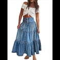 thumbnail image 1 of Vestido Bohemio para Mujer, con Cintura Alta, Volantes, Fluido, con Volantes Escalonados, Corte A, para Playa. Azul Vaquero L, 1 of 9
