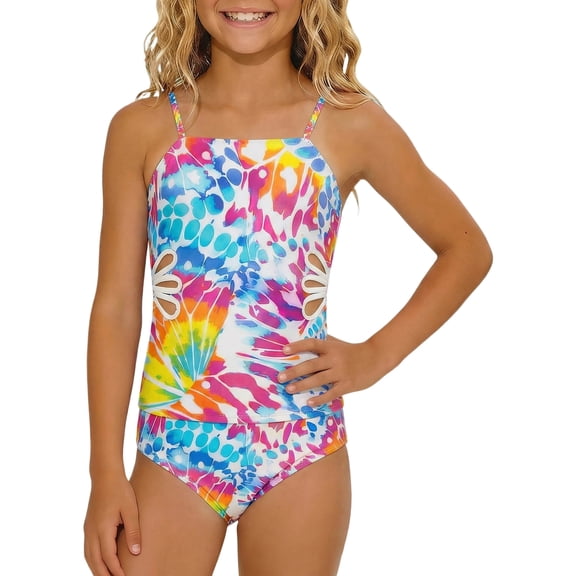 Bainana Little Girls 2 Pieces Swimwear Solid Color Sleeveless Suspender Tops And Bottoms Tankini Set Fashion Comfortable Little Girls Beach Pool Swimsuit Multicolour Size 5-6 Years