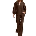 thumbnail image 2 of MLCDZ Elegant Cotton Linen 2 Piece Outfits for Women Long Puff Sleeve V Neck Blouse with Straight Leg Pants Business Casual Sets with Pockets, 2 of 7