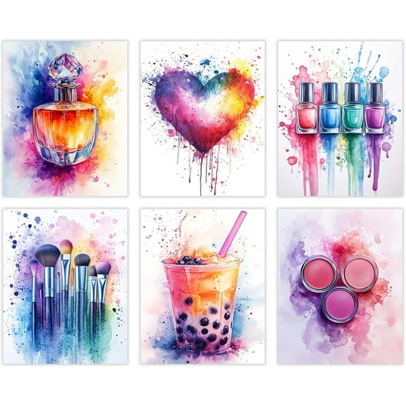 Tween Girl Wall Art Makeup Room Decor Colorful Teen Girl Posters Pink and Purple Canvas Beauty Pictures for Girls Room Wall Decor for Teen Girls Bedroom Set of 6 Unframed 8x10 Inch
