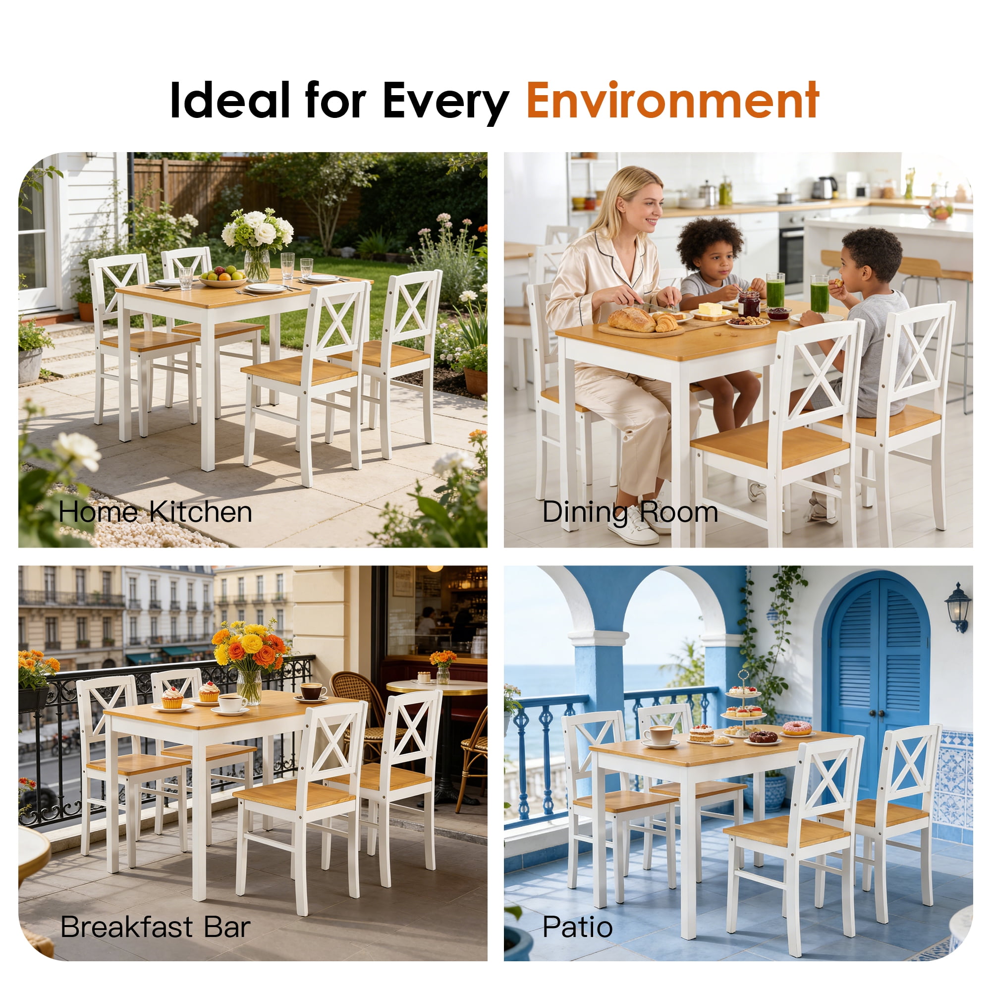 Dining Table Set, Kitchen Table Set, 5 Piece Dining Set 5 Piece Solid Rubberwood Table with 4 Chairs Space Saving Design Smooth Easy Clean Surface for Small Spaces, Ancient White