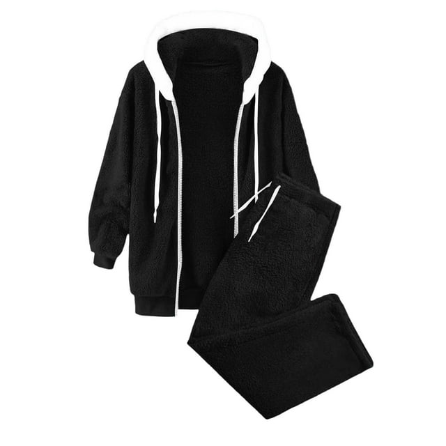 Zhanying Ensemble 2 Pcs pour Femmes Veste à Capuche Doublée en Sherpa avec Poches Noir XXXXXL