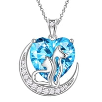 Juwaliy Animal Cat and Dog Necklace Blue Heart March Birthstone Charm Aquamarine Pendant Jewelry Birthday Mother's Day Gift for Women Wife Daughter Pet Lovers