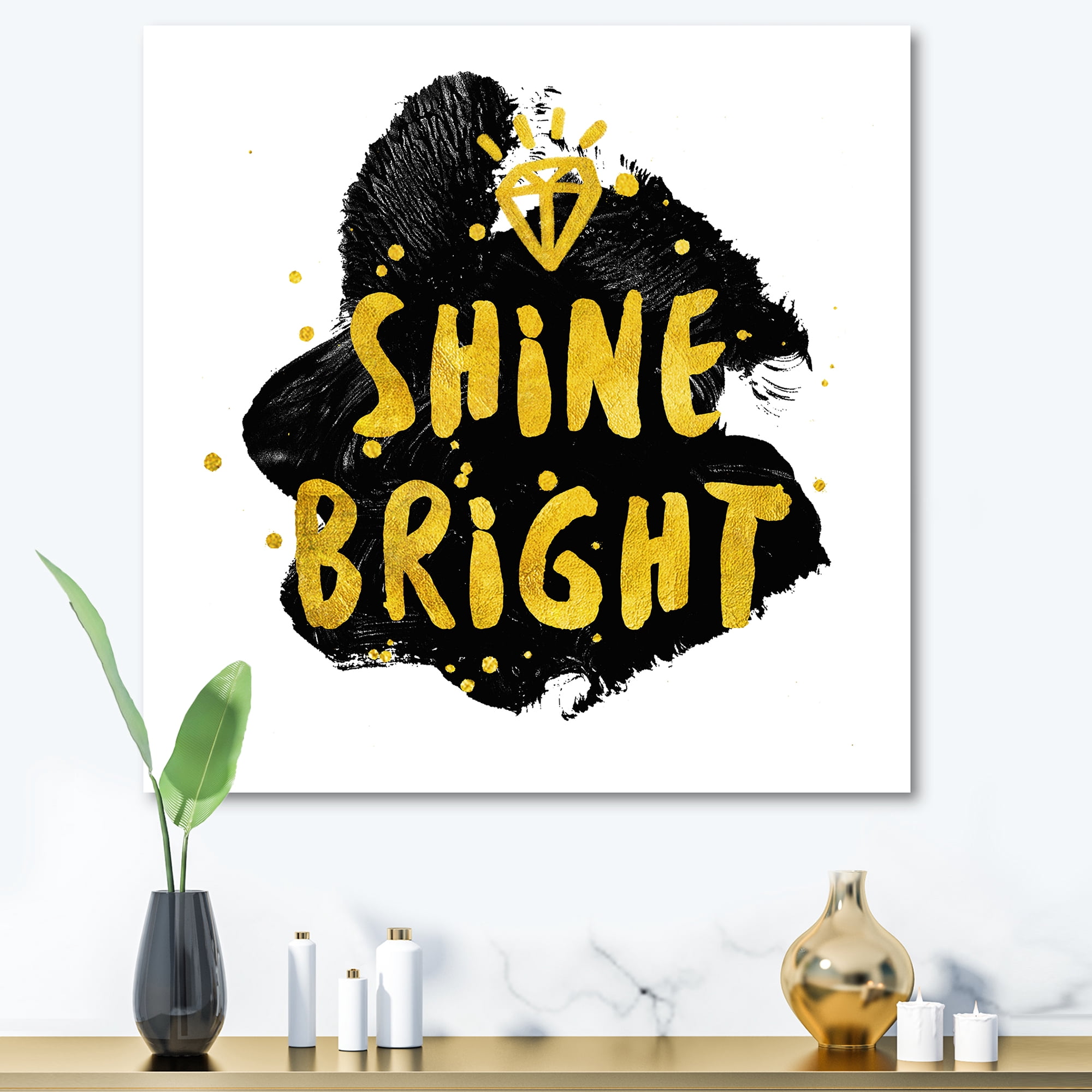 Designart ' Shine Bright Quote on Black ' Glam Canvas Wall Art Print