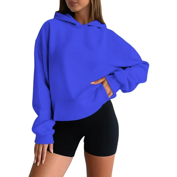 XIAOCHA Womens Hoodies Long Sleeve Drawstring Hooded Sweatshirts Solid Color Cropped Fit Kangaroo Pocket Hooded Simple Sport Wear