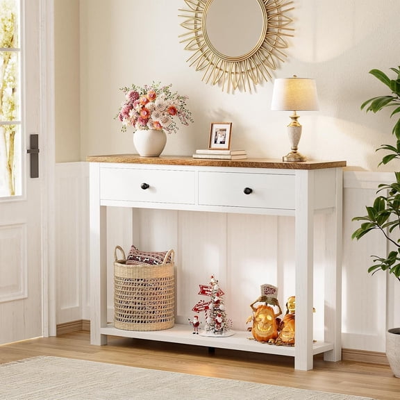 Homieasy 32'' Farmhouse Console Table with 2 Wood Drawers, Narrow Entryway Table for Entryway, Living Room, White & Brown