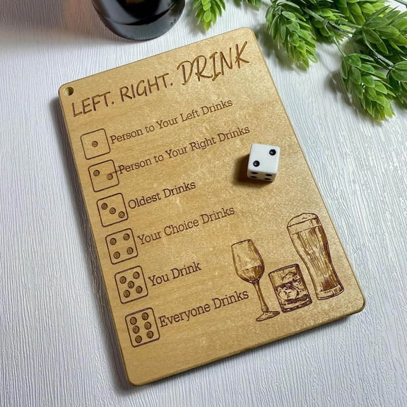 Left Right Drink Dice Game Board, Wooden Party Drinking Game for Adults, Funny Social Game with Dice and Instructions, 6.7 x 3.9 Inches