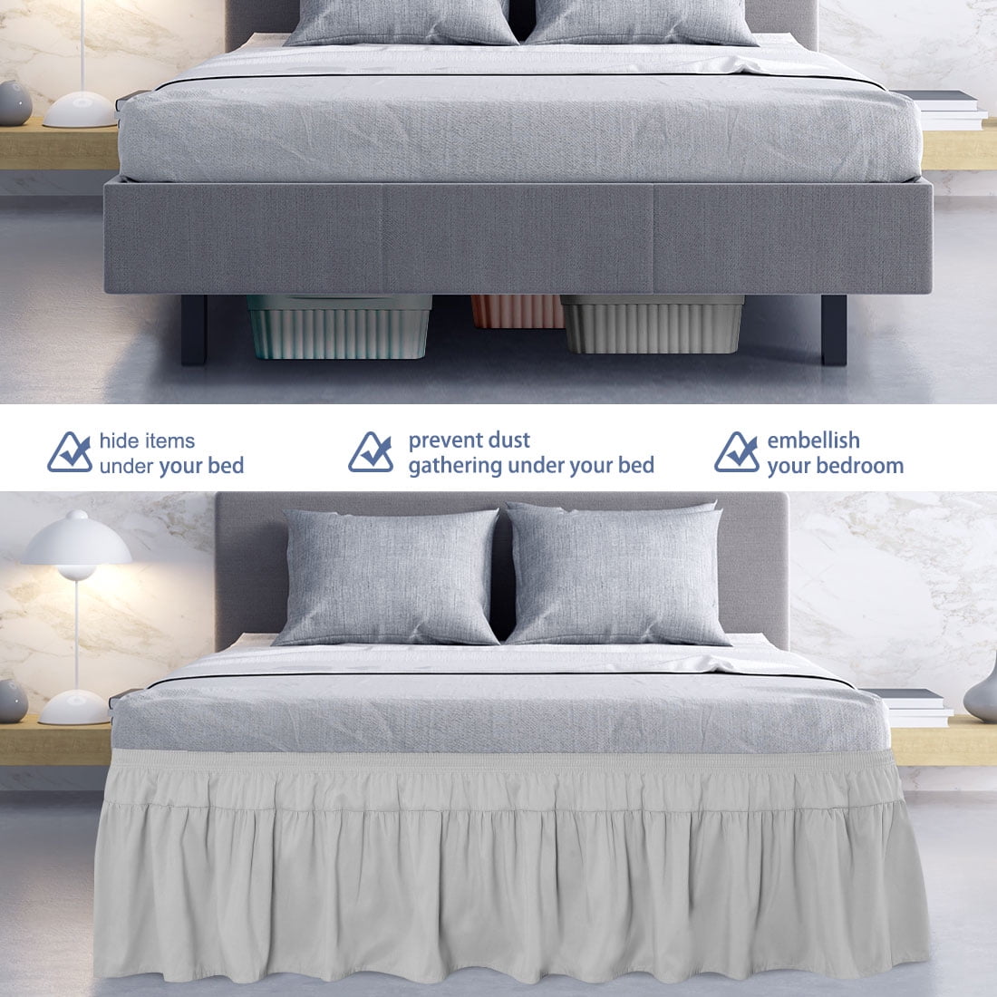 Unique Bargains 16" Drop Elastic Ruffles Brushed Bed Skirt Full Light Gray