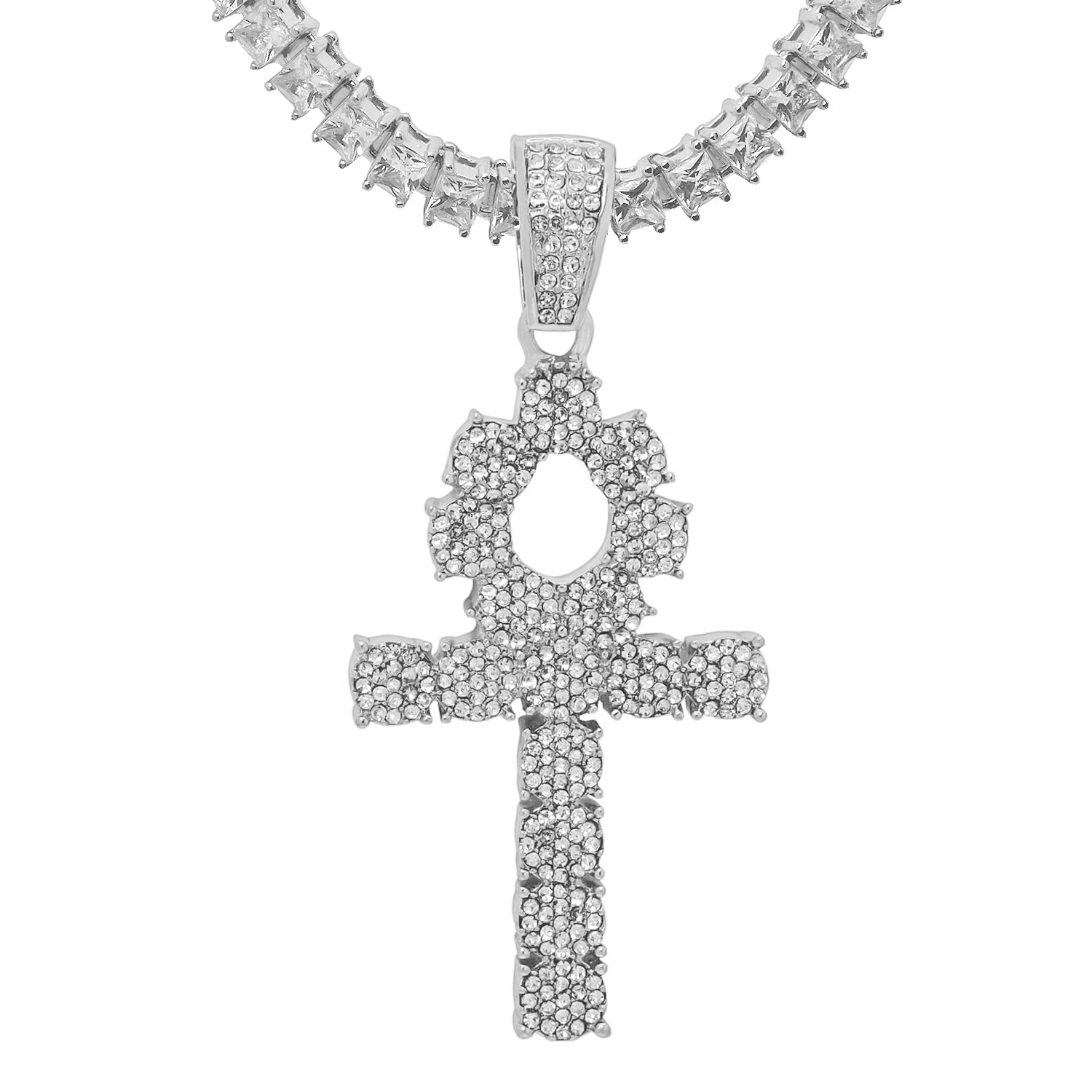 White Gold-Tone Iced Out Hip Hop Bling Symbol Of Life Ankh Cross Pendant 1 Row Square Cubic Zirconia Princess Cut Stones Tennis Chain 20 Necklace Choker Chain