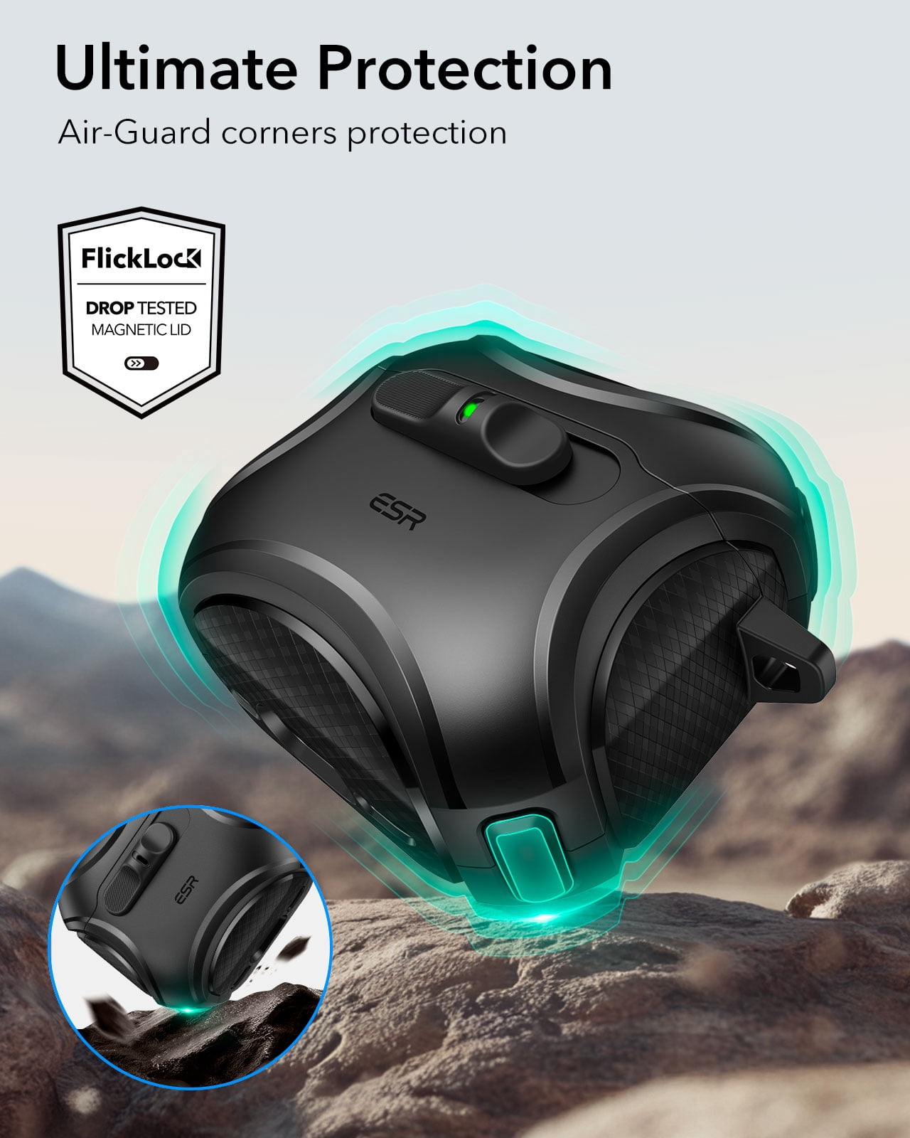 ESR Protective Case with Secure Lock, Compatible with AirPods 4th Gen (2024 USB-C Model), Shock-Absorbing & Magnetic Wireless Charging Design, Black
