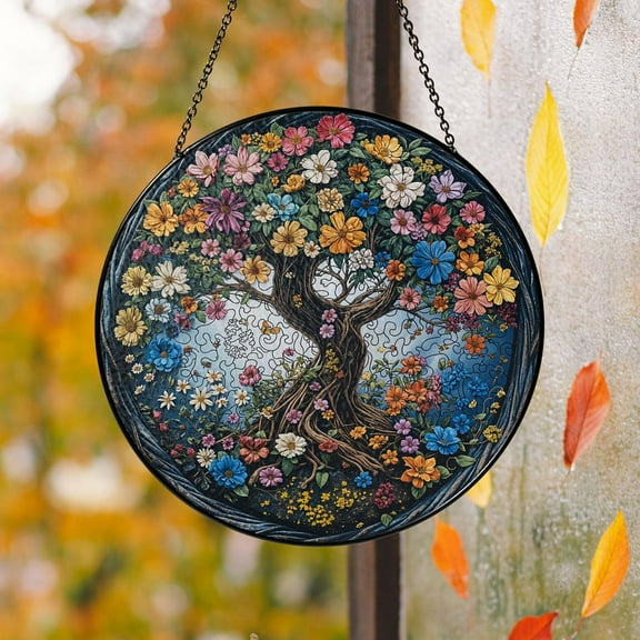 Tree of Life Suncatcher Window Hanging, Floral Glass Window Hanging, Colorful Flower Tree Art, Stained Glass Look Decor, Spiritual Wall Gift