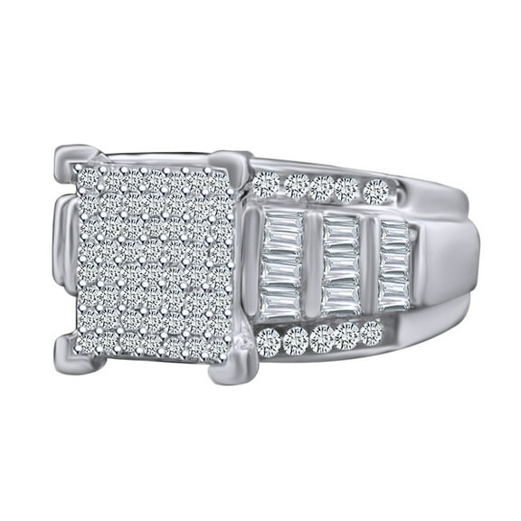 AFFY 0.95 Ctw Round & Baguette Cut Natural Diamond Wedding Engagement Ring 14k White Gold Over Sterling Silver