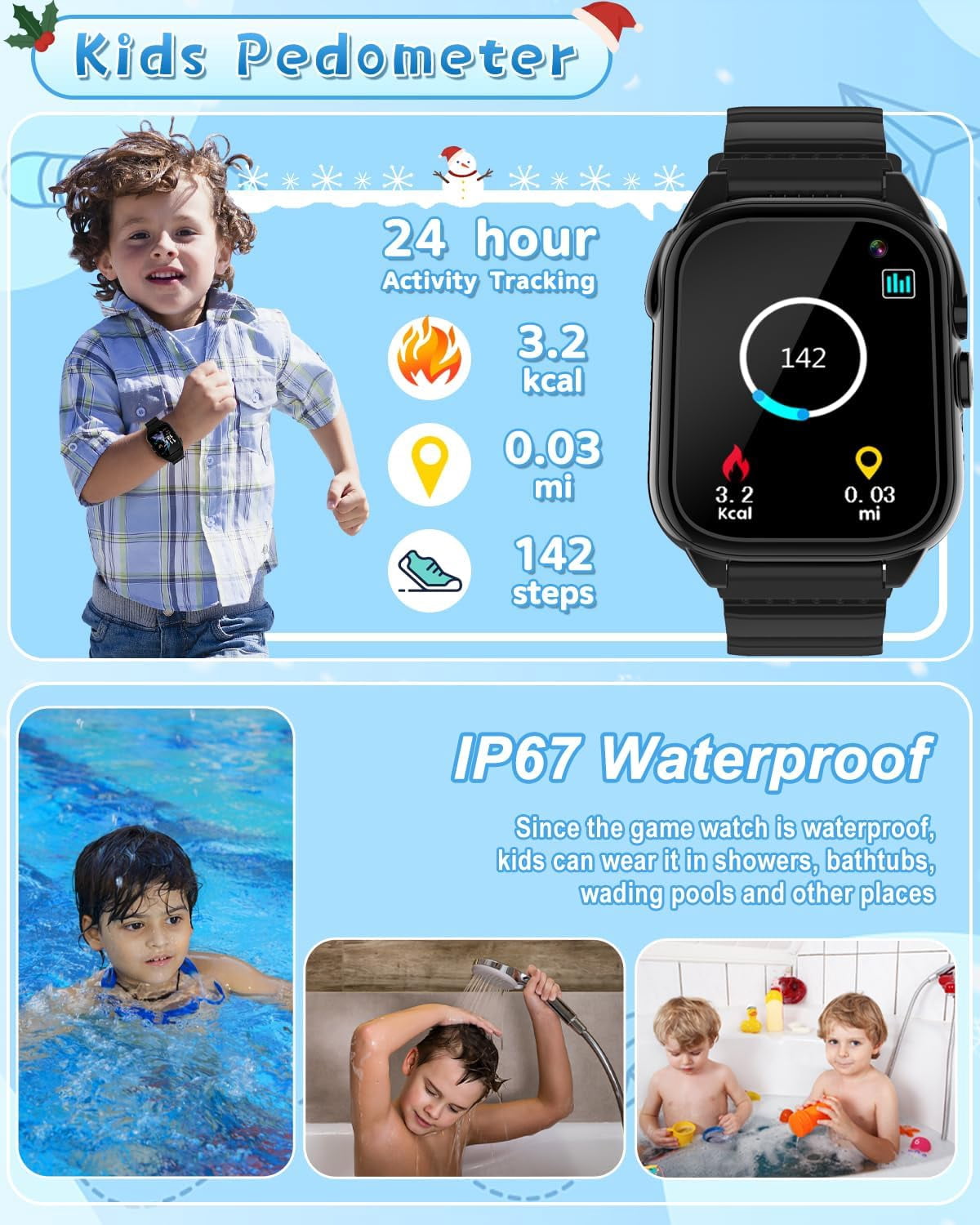 Kids Waterproof Smart Watch for 3-12 Year Old Boys Girls Learning Toys with 26 Puzzle Game 1.44'' HD Touchscreen Camera Video Music Audible Story Pedometer Alarm Watch for Christmas Learning Toy Gift