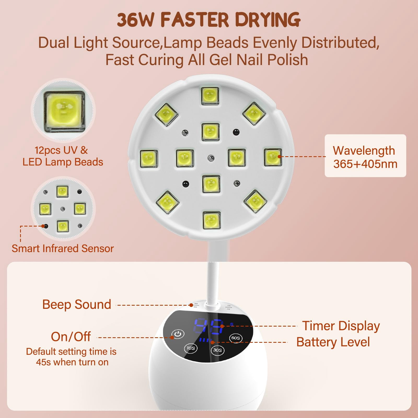 UV LED Nail Lamp Cordless 36W Rechargeable Nail Dryers with Smart Sensor & 4 Timers Portable Flash Cure Nail Light Fast Curing Rotatable Gooseneck Gel Polish Lamp, White